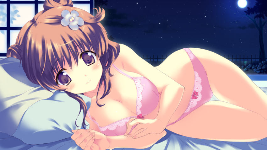 1girl amanatsu_purin bow bow_bra bow_panties bra breasts brown_hair cleavage flower game_cg hair_ornament hoshi_no_ouji-kun lingerie lying moon night night_sky on_side panties pink_bra pink_panties qp:flapper ribbon sky smile solo star_(sky) starry_sky tree underwear underwear_only