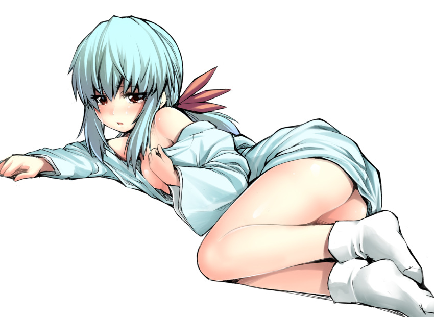 blue_hair blush feet green_hair japanese_clothes kimono kintarou_(kintarou's_room) long_hair open_mouth red_eyes short_hair socks solo tears yu_yu_hakusho yukina yukina_(yu_yu_hakusho)