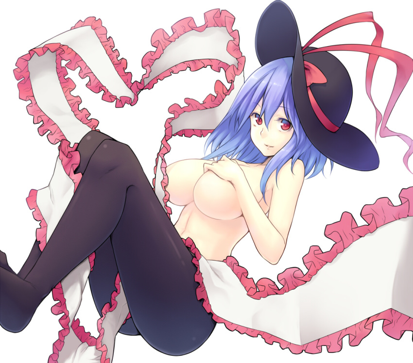 1girl big_breasts black_legwear blue_hair breasts covering covering_breasts female frills hat hiroya_juuren iku_nagae large_breasts looking_at_viewer nagae_iku panties panties_only pantyhose purple_hair red_eyes shawl short_hair simple_background solo topless touhou underwear underwear_only white_background