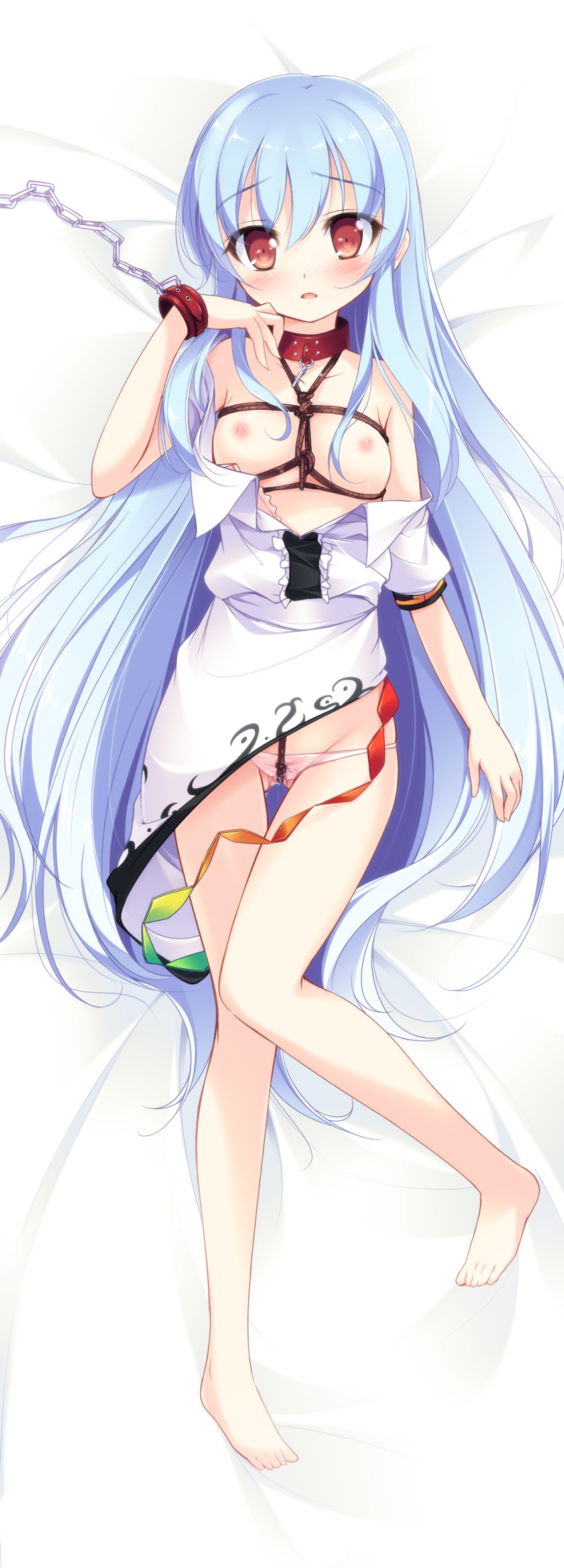 absurd_res absurdres bare_shoulders barefoot bdsm blue_hair blush bondage bound breast_bondage chain chains collar crotch_rope cuffs dakimakura dress feet female high_res highres hinanawi_tenshi kazakura legs long_hair lowleg lowleg_panties lying nipples no_hat no_headwear off_shoulder on_back open_clothes open_dress open_mouth panties pink_panties pussy_juice red_eyes rope shibari solo tenshi_hinanawi touhou underwear very_long_hair wet wet_clothes wet_panties