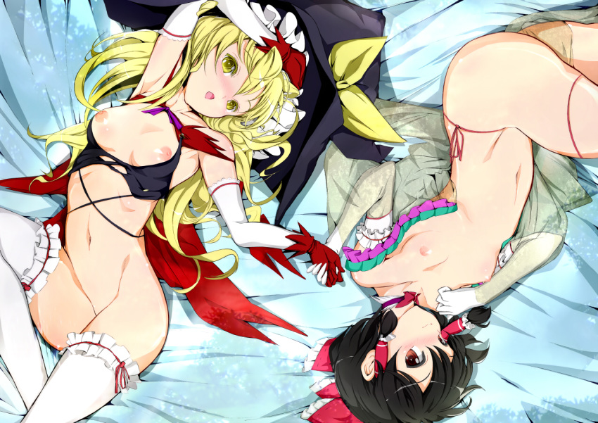 2girls arm_up armpits bed_sheet black_hair blonde_hair blush bottomless bow breasts elbow_gloves female flat_chest gloves groin hair hair_bow hair_tubes hakurei_reimu hand_holding hat hat_ribbon headgear holding_hands kirisame_marisa long_hair looking_at_viewer lying marisa_kirisame mound_of_venus multiple_girls navel nipples no_panties on_back open_mouth panties red_eyes reri ribbon see-through short_hair side-tie_panties small_breasts smile stockings thighhighs touhou underwear white_legwear witch_hat yellow_eyes