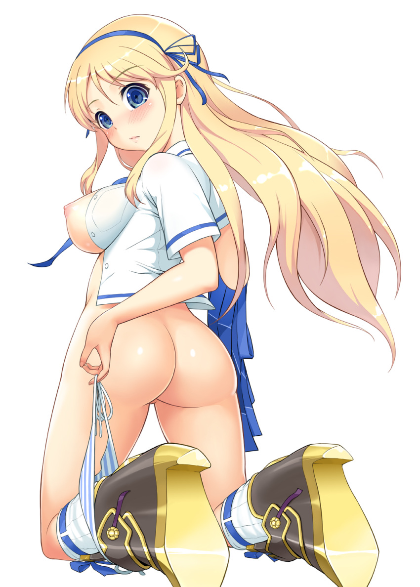 1girl aoten areolae ass big_breasts blonde_hair blue_eyes blush boots bottomless breasts buttons dress_shirt ears female fingernails hair_between_eyes hair_ribbon hands head_tilt high_res highres holding holding_panties katsuragi_(senran_kagura) kneehighs kneeling large_breasts legs long_hair long_image looking_at_viewer looking_back nipples no_bra open_clothes open_shirt panties panties_around_leg panties_around_one_leg puffy_sleeves ribbon senran_kagura senran_kagura_(series) shiny shiny_hair shiny_skin shirt short_sleeves sideboob simple_background socks solo striped striped_legwear striped_panties surprised tall_image thighs unbuttoned uncensored underwear undressing vertical-striped_legwear vertical_stripes white_background white_shirt wide-eyed wide_eyed