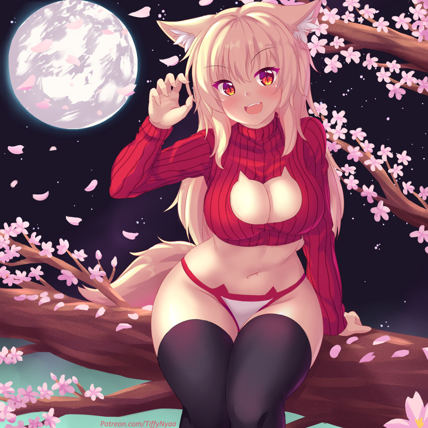 1girl animal_ear_fluff animal_ears animal_print arm_support bangs blonde_hair blush breasts cat_ear_panties cat_ears cat_tail cherry_blossoms claw_pose cleavage cleavage_cutout fang fastrunner2024 full_moon large_breasts long_hair looking_at_viewer midriff moon navel night open_mouth original panties petals printed_panties red_eyes red_sweater ribbed_sweater sitting slit_pupils sweater tail thighhighs thighs tiffy tree underwear