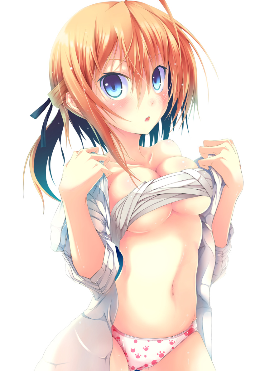 1girl :o ahoge bare_shoulders belly blue_eyes blush breasts hair highres konoe_subaru looking_at_viewer mayo_chiki! midriff navel open_clothes open_shirt orange_hair panties paw_print ponytail print_panties re:n_ne sarashi shirt simple_background sleeves_pushed_up solo underboob underwear white_background