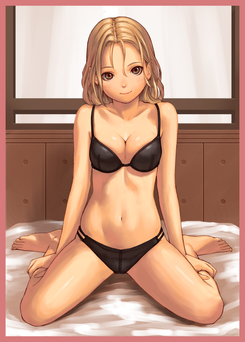 1girl barefoot blonde_hair bra breasts brown_eyes brown_hair cleavage highres kneeling lingerie original panties sitting smile solo underwear underwear_only wariza yukihiro