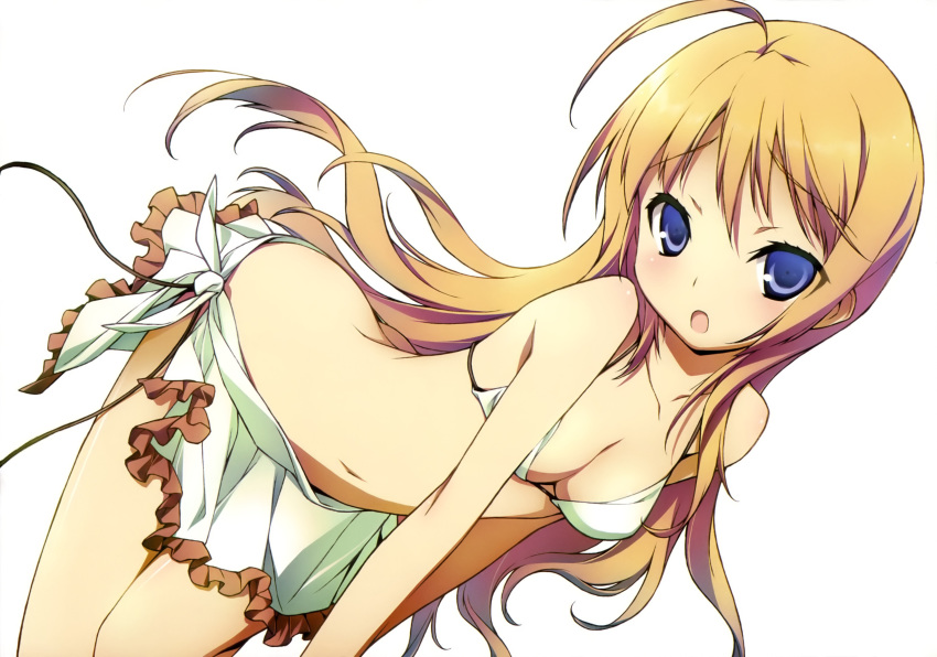 1girl :o absurd_res absurdres ahoge bare_shoulders bikini blonde_hair blue_eyes breasts butt_crack cleavage collarbone high_res highres kikuchi_seiji konoe_subaru leaning_forward long_hair looking_at_viewer mayo_chiki! navel orange_hair sarong side-tie_bikini simple_background solo swimsuit white white_background