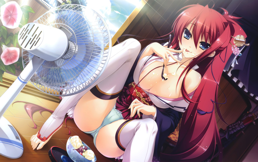 1girl :3 :p absurd_res absurdres appare!_tenka_gomen areola areola_slip areolae barefoot big_breasts blue_eyes bowl breasts cleavage dutch_angle electric_fan feet fingernails flower food food_on_face footwear hair_ornament hair_stick hakama_skirt high_res highres ice_cream japanese_clothes katagiri_hinata katana kimono large_breasts leg_lift leg_up legs long_hair naughty_face obi off_shoulder panties pantyshot pantyshot_(sitting) ponytail red_hair sash short_kimono sitting skirt skirt_lift solo spread_legs stockings sunlight sword thighhighs thighs toeless_legwear toeless_socks toes tokugawa_yoshine tongue tongue_out underwear upskirt very_long_hair weapon white_legwear