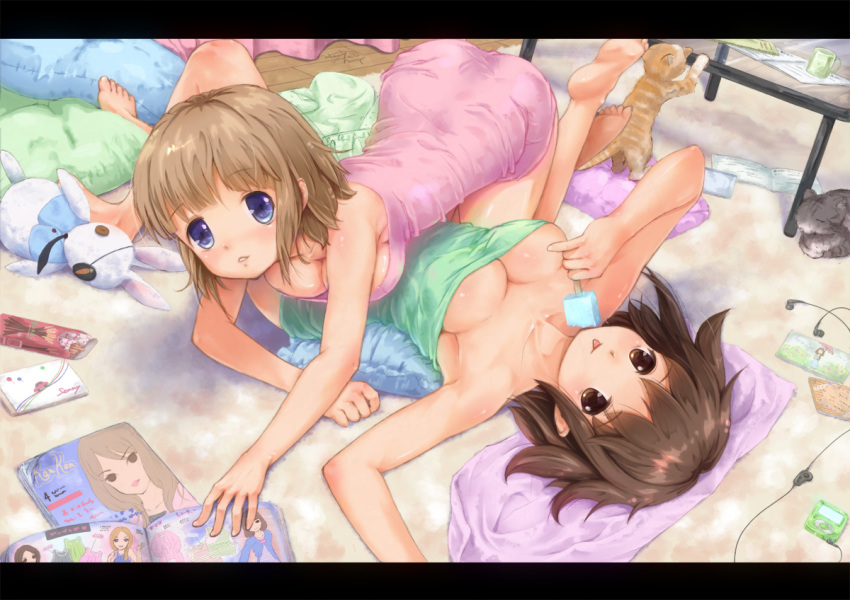 2girls :p all_fours barefoot blue_eyes blush book breasts brown_eyes brown_hair bunny cat cleavage down_blouse downblouse dress glass_table hair letterboxed lying magazine miyai_haruki multiple_girls naked_towel on_back open_mouth original pillow pinky_out pocky popsicle short_hair stuffed_animal stuffed_toy table tongue tongue_out towel