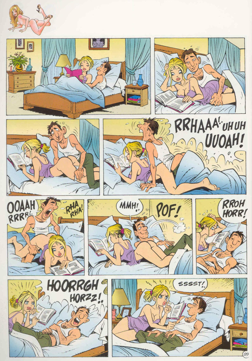 anal angry ass ass_crack bed black_eyes blonde_hair blue_eyes bottomless brown_hair comic doggy_position from_behind funny lipstick nightgown pants_down ponytail random_comic short_hair smile