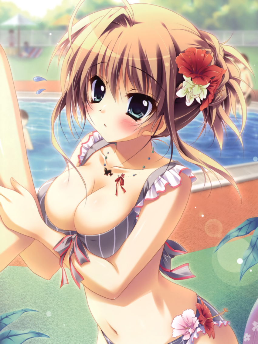 1girl :o absurd_res absurdres ahoge arm_grab big_breasts bikini blue_eyes blurry blush body_blush breasts brown_hair character_request cleavage collarbone copyright_request depth_of_field flower flying_sweatdrops frilled_bikini frills front-tie_top hair_bun hair_flower hair_ornament high_res highres izumi_tsubasu jewelry kimi_to_issho_ni large_breasts lens_flare long_hair looking_at_viewer mashiroiro_symphony midriff nakajima_mizuho navel necklace outdoors pool sena_airi shiny shiny_skin solo_focus source_request standing striped striped_bikini striped_swimsuit swimsuit vertical_stripes water