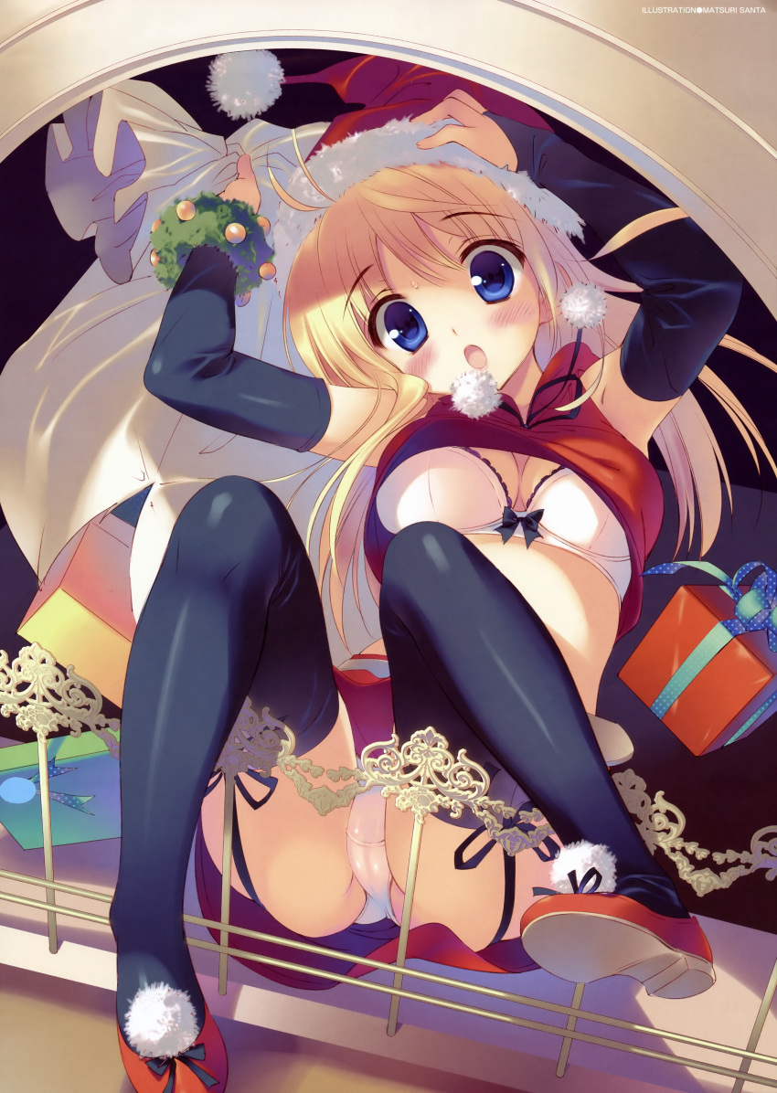 :o absurd_res absurdres ass black_legwear blonde_hair blue_eyes blush bow bow_bra bra breasts bridal_gauntlets christmas cleavage fallen_down fireplace garter_straps gift hair hat headgear highres hood hoodie lingerie open_mouth original panties pantyshot sack santa_costume santa_hat santa_matsuri shirt_lift skirt solo stockings thighhighs underwear upshirt upskirt white_bra white_panties