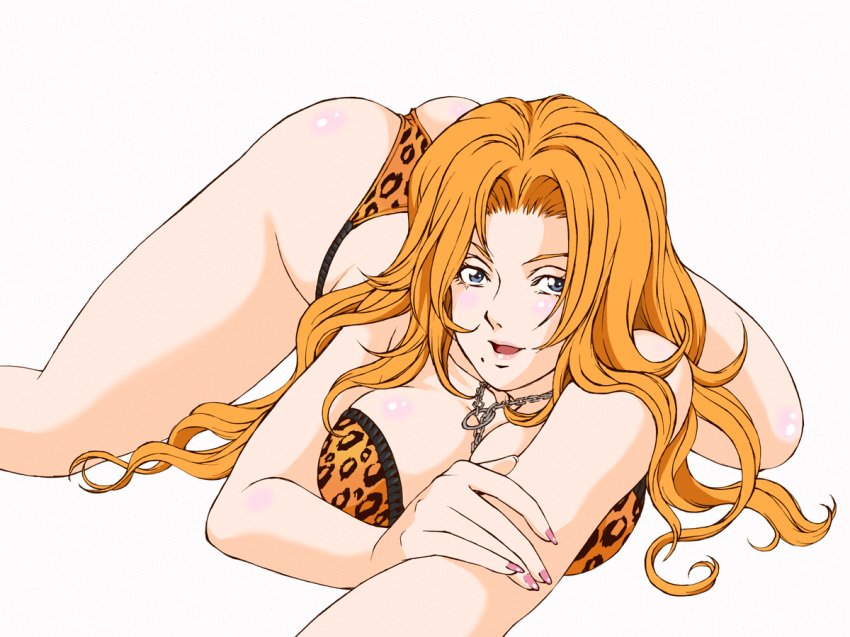 ass ass_up bare_shoulders big_breasts bleach blonde_hair blue_eyes bra breast_press breasts cleavage collar female large_breasts legs leopard_print lingerie long_hair looking_at_viewer lying matsumoto_rangiku mole nail_polish on_stomach open_mouth orange_hair panties rangiku_matsumoto ranzuki rippadou simple_background smile solo spread_legs thighs thong underwear white_background