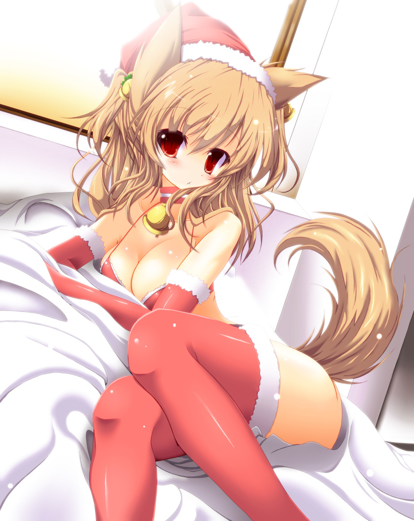 1girl :< absurd_res absurdres animal_ears bell bell_collar bikini_top blonde_hair blush breasts brown_hair christmas cleavage collar dog_ears dog_tail elbow_gloves gloves hat high_res highres lying on_side original rankiryuu red_eyes red_gloves red_legwear santa_hat short_hair solo stockings tail thighhighs