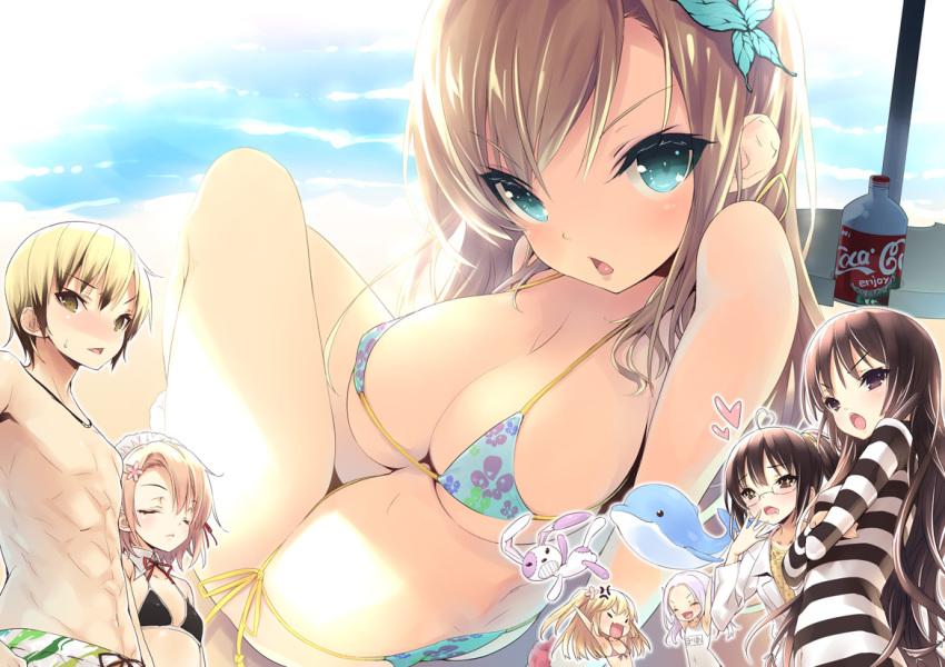 1boy 6+girls anger_vein aqua_eyes beach big_breasts bikini blonde_hair boku_wa_tomodachi_ga_sukunai breasts brother_and_sister butterfly_hair_ornament flat_chest hair_ornament hasegawa_kobato hasegawa_kodaka kashiwazaki_sena kusunoki_yukimura large_breasts mikazuki_yozora multiple_girls open_mouth prison_clothes shiguma_rika show_(rinnetenshow) siblings side-tie_bikini small_breasts soda string_bikini swimsuit takayama_maria two_side_up