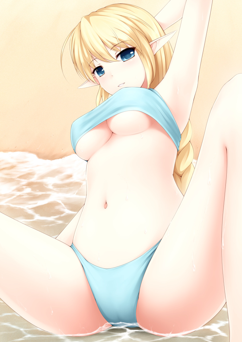 1girl absurd_res absurdres arm_behind_head arm_up beach belly bikini blonde_hair blue_eyes braid breasts elf grin hair highres kerasu long_hair navel original partially_submerged pointy_ears ricegnat sand single_braid smile solo spread_legs swimsuit underboob water wet