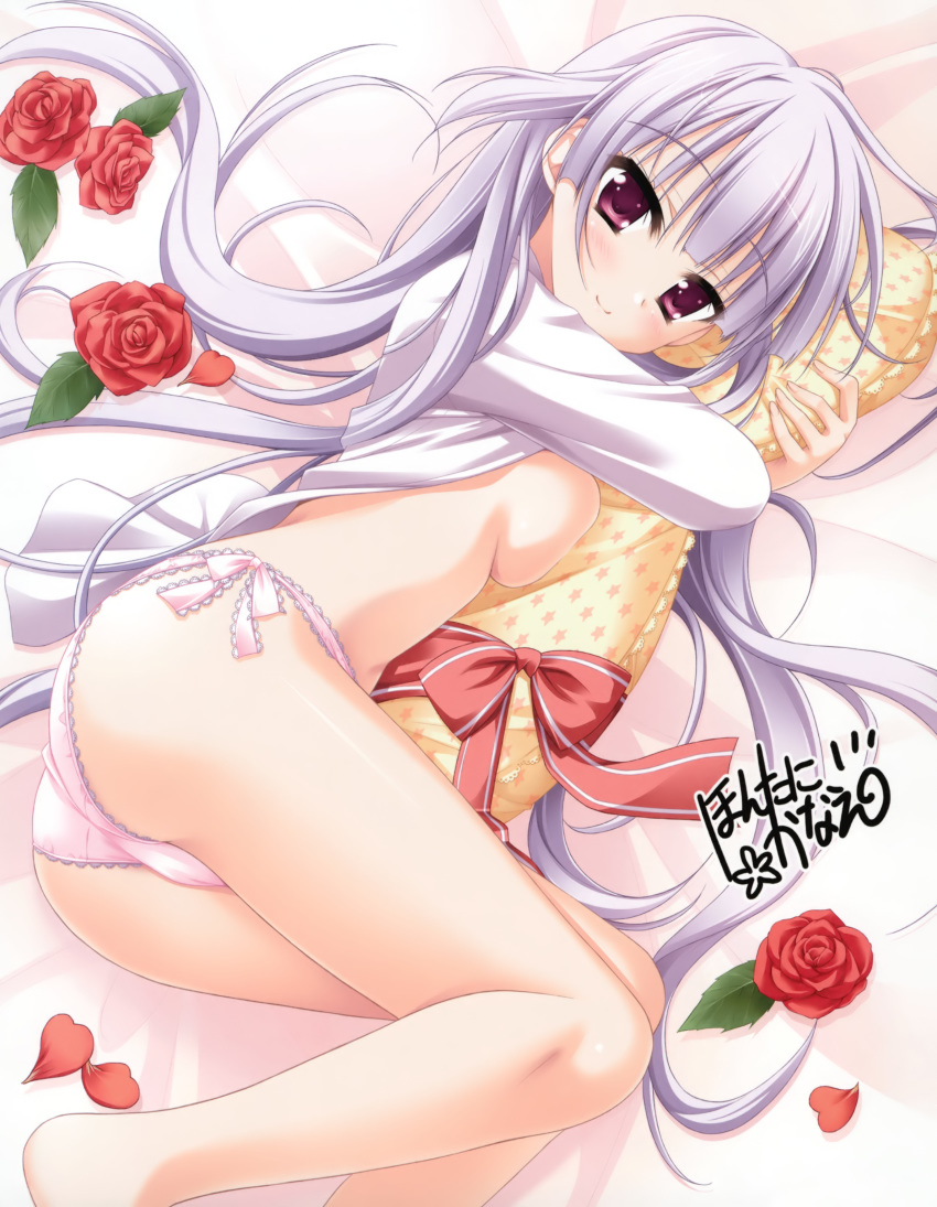 1girl absurd_res absurdres barefoot blush breast_press breasts flower hair hatsuyuki_sakura highres lavender_hair long_hair looking_at_viewer lying moribe_(rabumanyo) on_side open_clothes panties petals pillow pillow_hug pink_panties purple_eyes red_rose ribbon rose shirt_lift side-tie_panties signature smile solo star tamaki_sakura underboob underwear