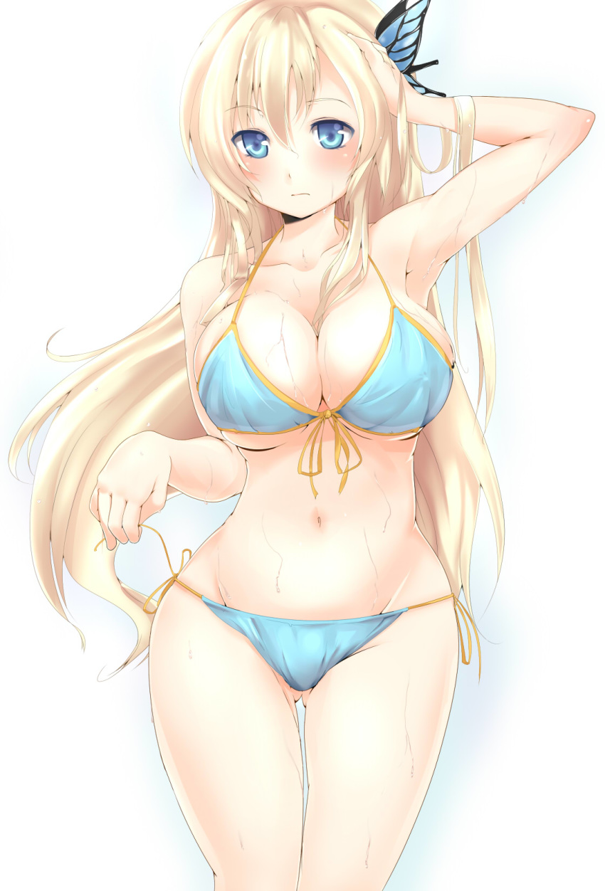 1girl armpits big_breasts bikini blonde_hair blue_eyes boku_wa_tomodachi_ga_sukunai breasts butterfly_hair_ornament cleavage curvy eon_(bottomline) hair_ornament hand_in_hair high_res highres hips kashiwazaki_sena large_breasts long_hair side-tie_bikini simple_background solo standing swimsuit thigh_gap tomohiro_kai wet white_background wide_hips