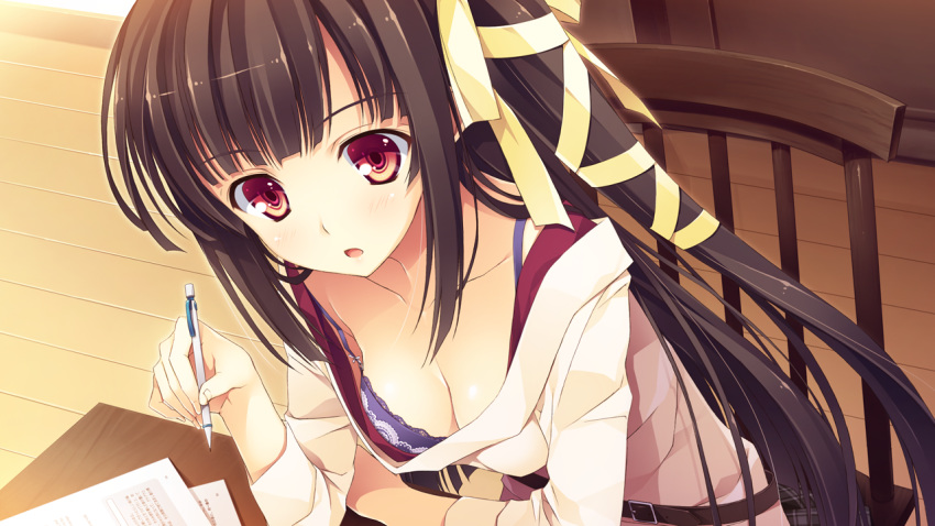 belt black_hair blush bra breasts brown_hair chair cleavage desk down_blouse game_cg hair_ribbon koikishi_purely_kiss lace lingerie long_hair open_mouth paper pen red_eyes ribbon shidou_mana solo underwear yuuki_hagure