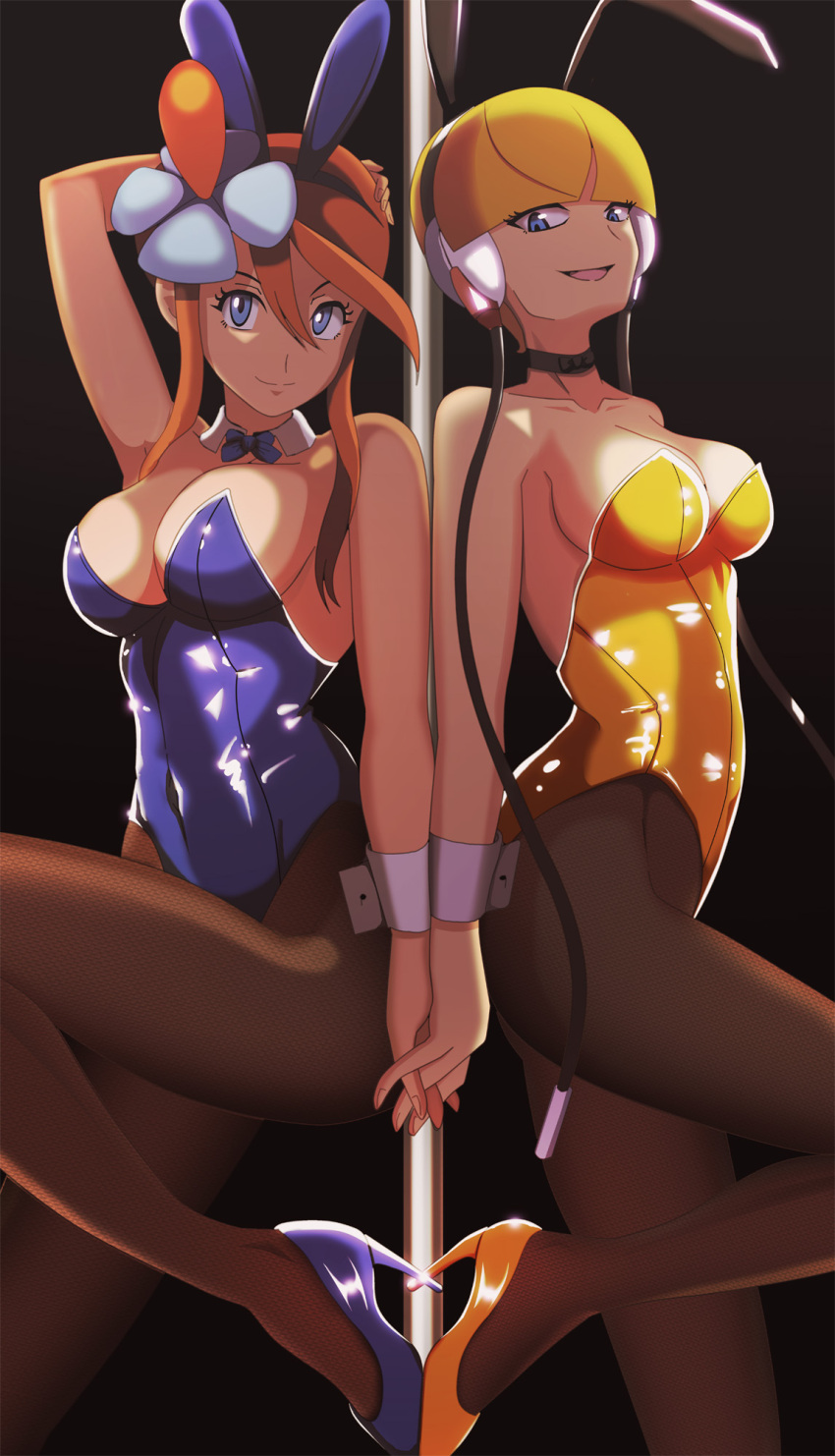 2_girls alluring big_breasts bunny_ears bunny_girl bunnysuit detached_collar detached_wings elesa_(pokemon) female_only handholding high_heels huuro_(pokemon) interlocked_fingers kamitsure_(pokemon) multiple_girls pokemon pokemon_bw skyla_(pokemon) stripper_pole vivivoovoo