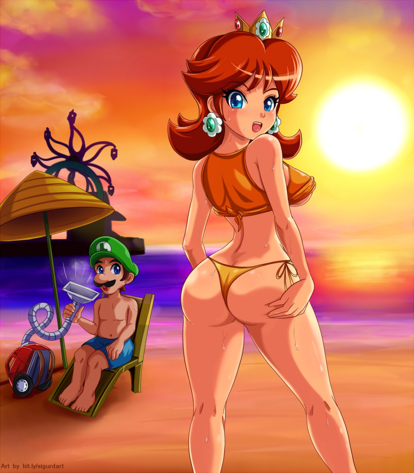 1boy 1girl beach beach_umbrella blue_eyes brown_hair ferris_wheel from_behind luigi nintendo princess_daisy sigurd_hosenfeld sigurdhosenfeld sun super_mario_bros. swimsuit vacuum_cleaner