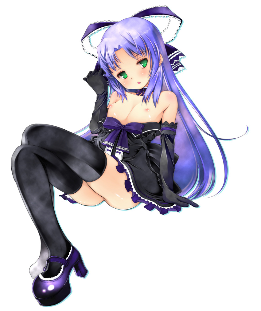 1girl black_legwear black_thighhighs blue_hair blush bow breasts crossed_legs elbow_gloves flat_chest gloves green_eyes hair_bow high_heels high_res highres inugami_poemu legs_crossed long_hair nee_chanto_shiyou_yo! nee_chanto_shiyou_yo!_2 nipples no_panties platform_footwear platform_heels shirt_pull shoes simple_background sitting small_breasts solo stockings thighhighs white_background yako