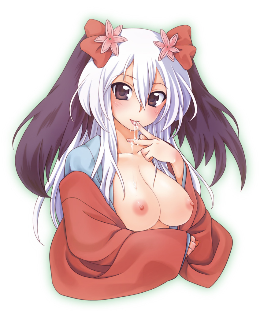 1girl big_breasts blush breasts cum cum_in_mouth cum_on_body cum_on_breasts cum_on_upper_body flower hair_flower hair_ornament high_res highres hikabe_sakuho japanese_clothes kimono large_breasts long_hair multicolored_hair nipples no_bra open_mouth original solo tongue two-tone_hair