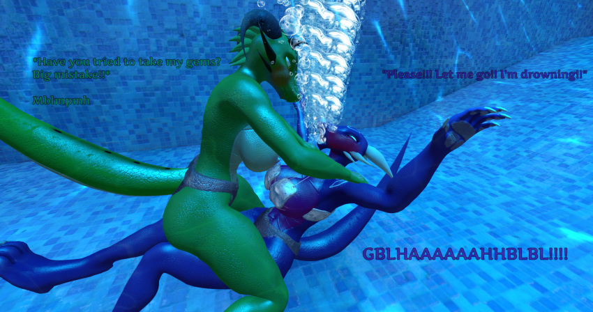 2girls 3d 3d_(artwork) activision air_bubbles anthro asphyxiation bikini breasts bubbles cleavage cynder dialogue dragon drowning english_text fan_character female female/female female_only held_down huge_breasts metal_bikini moaning nude pool scalie screaming sideboob source_filmmaker spyro_the_dragon text the_legend_of_spyro underwater uwdrachen water