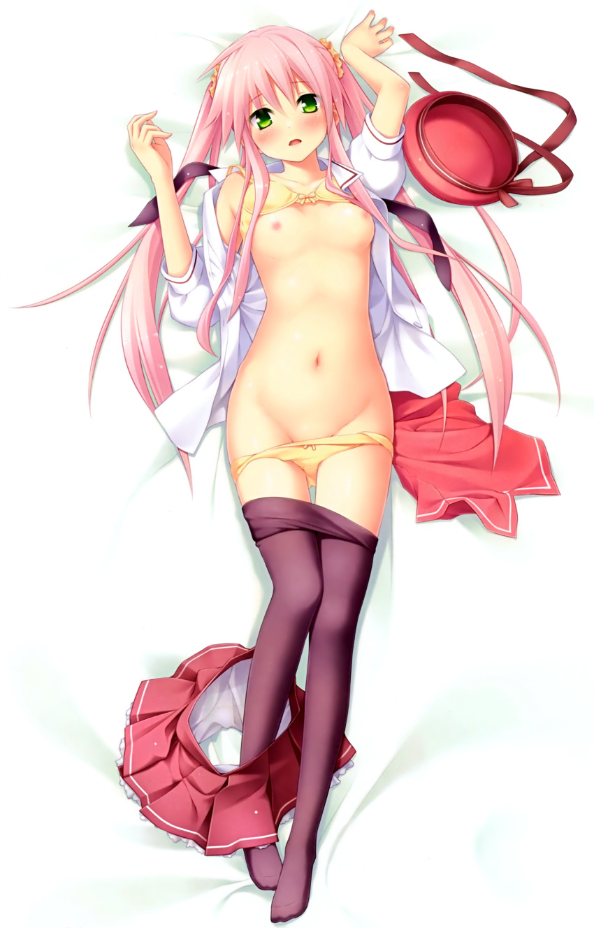 1girl absurd_res absurdres beret black_legwear blush bow bow_bra bow_panties bra bra_lift breasts cafe_sourire dakimakura eretto feet female full_body green_eyes hat hat_removed headwear_removed high_res highres legs lingerie long_hair long_legs looking_at_viewer lying mizushima_serika mound_of_venus navel nipples on_back open_clothes open_mouth open_shirt panties panty_pull pantyhose pantyhose_pull payot pink_hair school_uniform scrunchie shirt sidelocks skirt skirt_around_one_leg small_breasts solo thighhighs thighs twin_tails twintails underwear yellow_bra yellow_panties