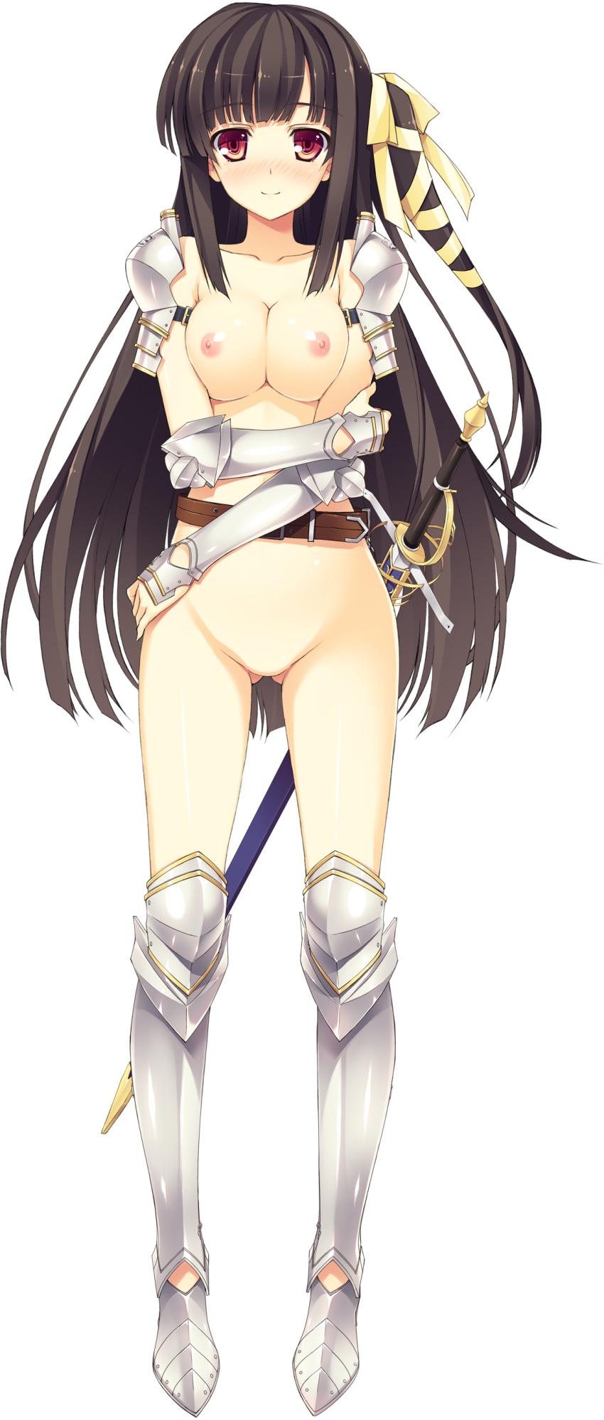 1girl absurd_res absurdres armor blush breasts brown_hair effordom_soft hair hair_ribbon highres koikishi_purely_kiss long_hair nipples no_pussy nude one_side_up ribbon shidou_mana smile solo standing sword transparent_background transparent_png very_long_hair weapon yuuki_hagure