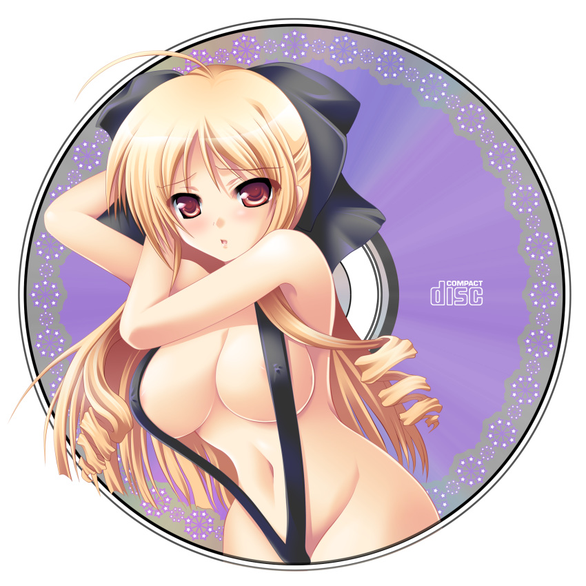 1girl ahoge athena_tennousu blonde_hair blush breasts cd erect_nipples hair_ribbon hayate_no_gotoku! hayate_the_combat_butler high_res highres long_hair red_eyes ribbon sling_bikini solo swimsuit takelu tennousu_athena