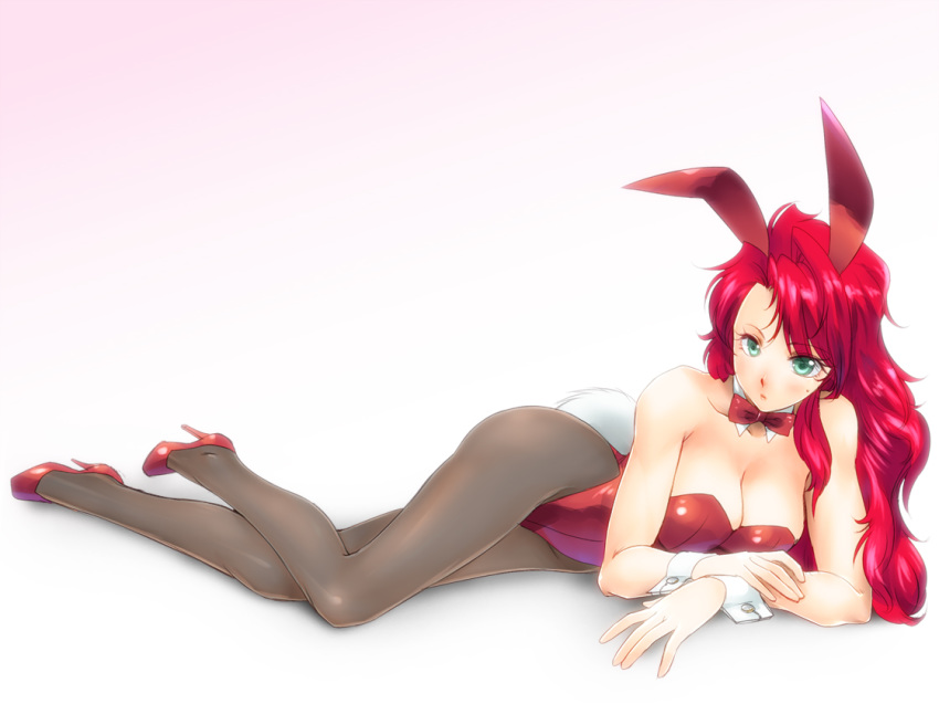 1girl animal_ears breasts bunny_ears bunny_girl bunny_tail bunnysuit cleavage detached_collar lying on_side original pantyhose red_hair tail wrist_cuffs yagisaka_seto