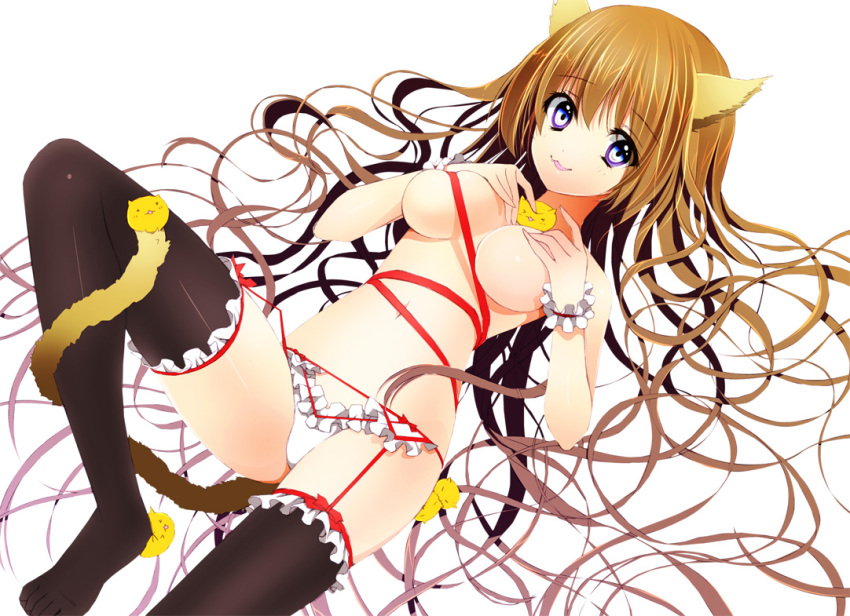 1girl :3 animal_ears black_legwear breasts brown_hair cat_ears cat_tail frills long_hair looking_at_viewer no_nipples original panties purple_eyes ribbon solo stockings tail thighhighs topless underwear very_long_hair white_panties wrist_cuffs yadapot