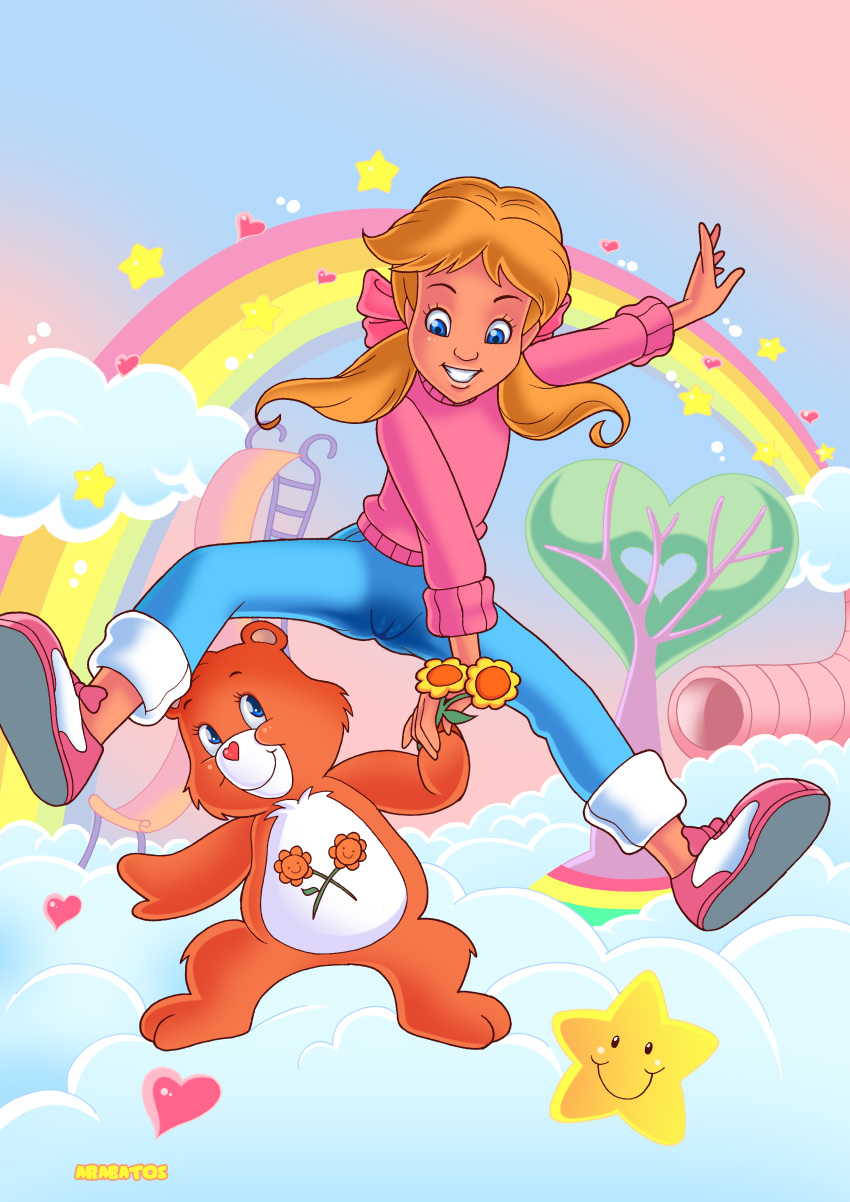 2girls arabatos bear cameltoe care_bears female flower friend_bear hair_bow jeans kim_cherrywood long_hair rainbow rainbow_pattern red_hair ribbons star