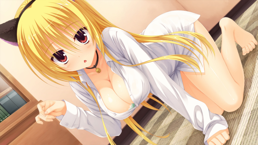 animal_ears bell bell_collar blonde_hair blush bra breasts cat_ears character_request cleavage collar dracu-riot! dress_shirt dutch_angle fake_animal_ears game_cg kobuichi lingerie long_hair muririn no_panties paw_pose red_eyes shirt toes underwear yuzusoft