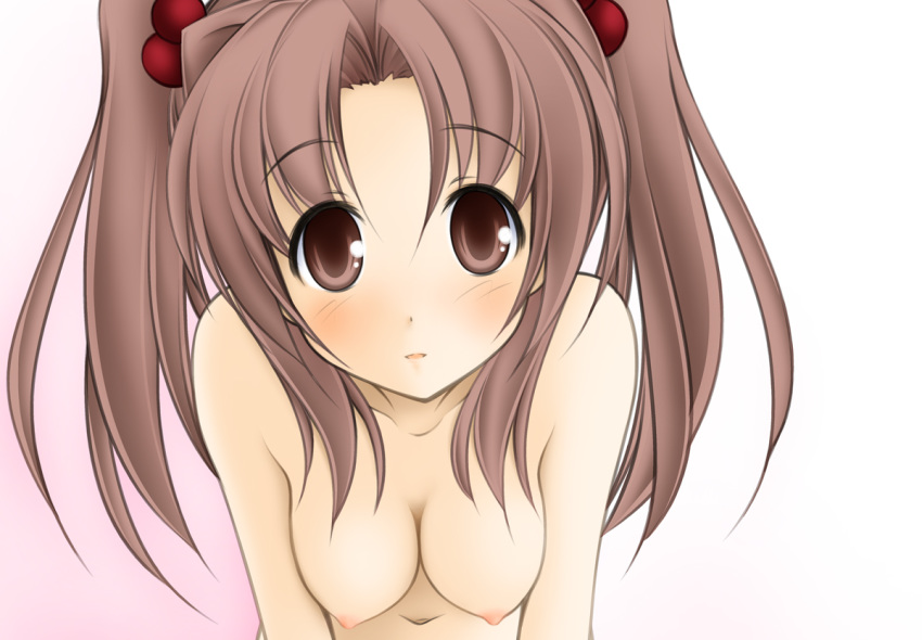 1girl breasts brown_eyes brown_hair hanging_breasts leaning_forward long_hair navel nipples nude original solo tapioka_(coconuts) twin_tails twintails