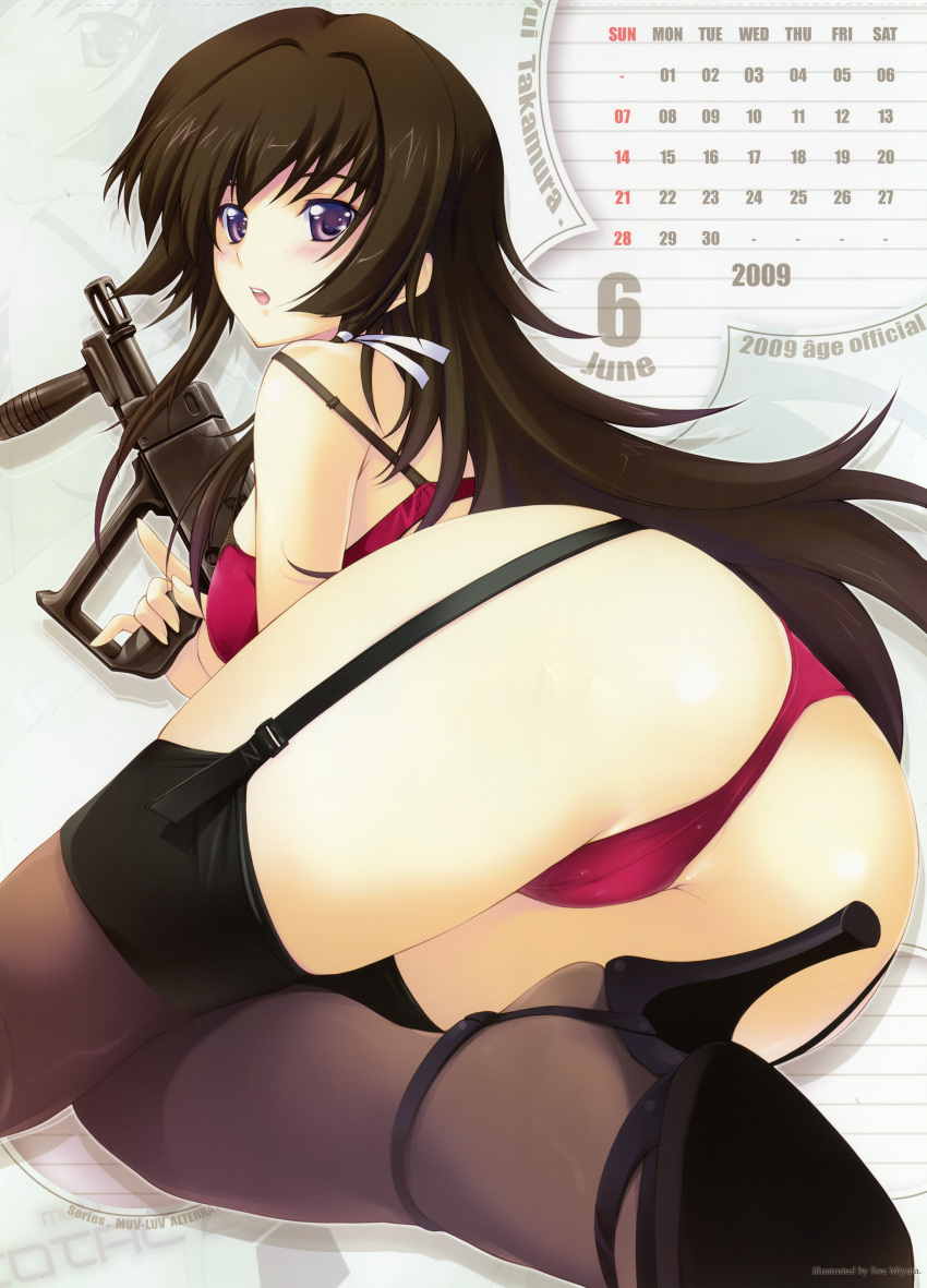 1girl 2009 absurdres ass black_hair blush bra brown_hair calendar cameltoe garter_belt gun high_heels highres huge_filesize june_(month) lingerie lipstick long_hair looking_back lying makeup miyata_sou muvluv muvluv_alternative muvluv_total_eclipse open_mouth panties purple_eyes red_bra red_panties ribbon shoes solo takamura_yui thighhighs total_eclipse underwear underwear_only weapon yui_takamura