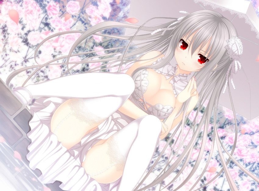 1girl blush breasts cleavage flower garter_straps grey_hair hair_ornament lace lace-trimmed_thighhighs long_hair makita_maki nail_polish no_panties original red_eyes sitting solo stockings thighhighs white white_legwear