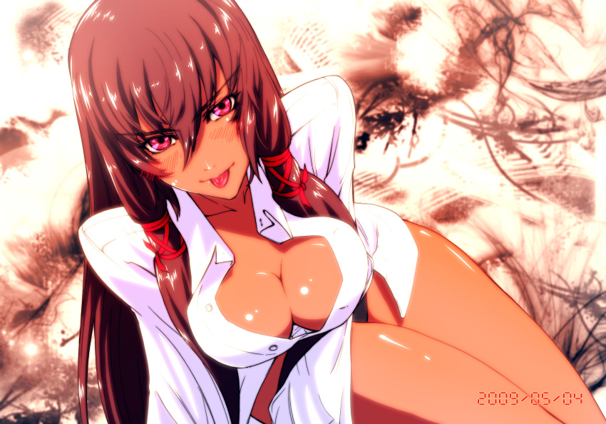 1girl :p absurdres big_breasts blush bottomless breasts brown_hair cleavage dark_skin dated female hair_ribbon highres imizu_(nitro_unknown) large_breasts legs long_hair mahou_sensei_negima! mana_tatsumiya naked_shirt no_pants open_clothes open_shirt payot pink_eyes red_eyes ribbon shirt sitting smile solo tan tatsumiya_mana thighs tongue tongue_out unbuttoned