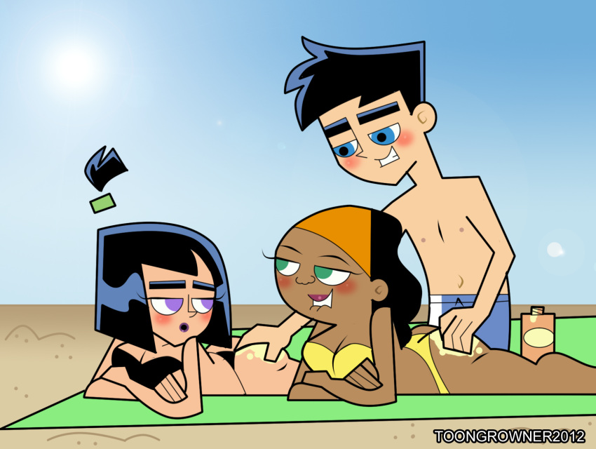 2012 ass beach bikini black_eyes black_hair blush breasts cleavage danny_fenton danny_phantom dark_skin green_eyes hairband lipstick long_hair lotion lying ocean on_stomach ponytail purple_hair samantha_manson short_hair smile string_bikini suntan_lotion toongrowner valerie_gray