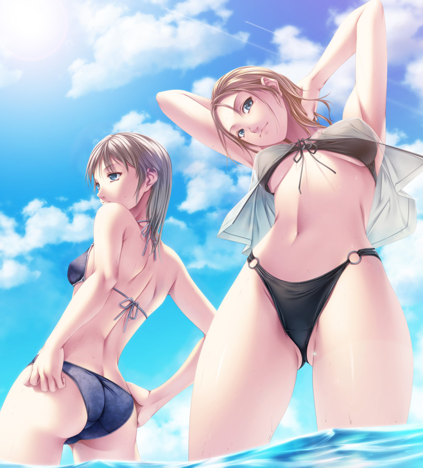 2_girls 2girls armpits arms_behind_head ass beach bikini blonde_hair blue_eyes breasts butt_crack cloud condensation_trail female_only from_below front-tie_top highres lens_flare multiple_girls navel o-ring_bottom original rezi sky stretch swimsuit swimwear underboob wading water wet