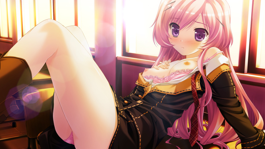 1girl blush boots bra bra_pull breasts chair classroom desk game_cg hair_ornament hairclip high_res legs lens_flare lingerie long_hair lying makita_maki mukougaoka_kana nipples on_back panties pantyshot pink_bra pink_hair pink_panties purple_eyes school_uniform seifuku serafuku shinigami_no_testament solo strap_slip thighs underwear window