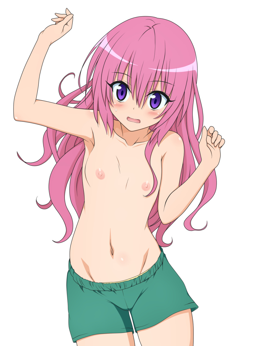 1girl armpits belly blush colored flat_chest hair highres long_hair nana_asta_deviluke navel nipples purple_eyes purple_hair shige_(moe-ren.net) shorts small_breasts solo to_love-ru to_love-ru_darkness topless transparent_background yabuki_kentarou