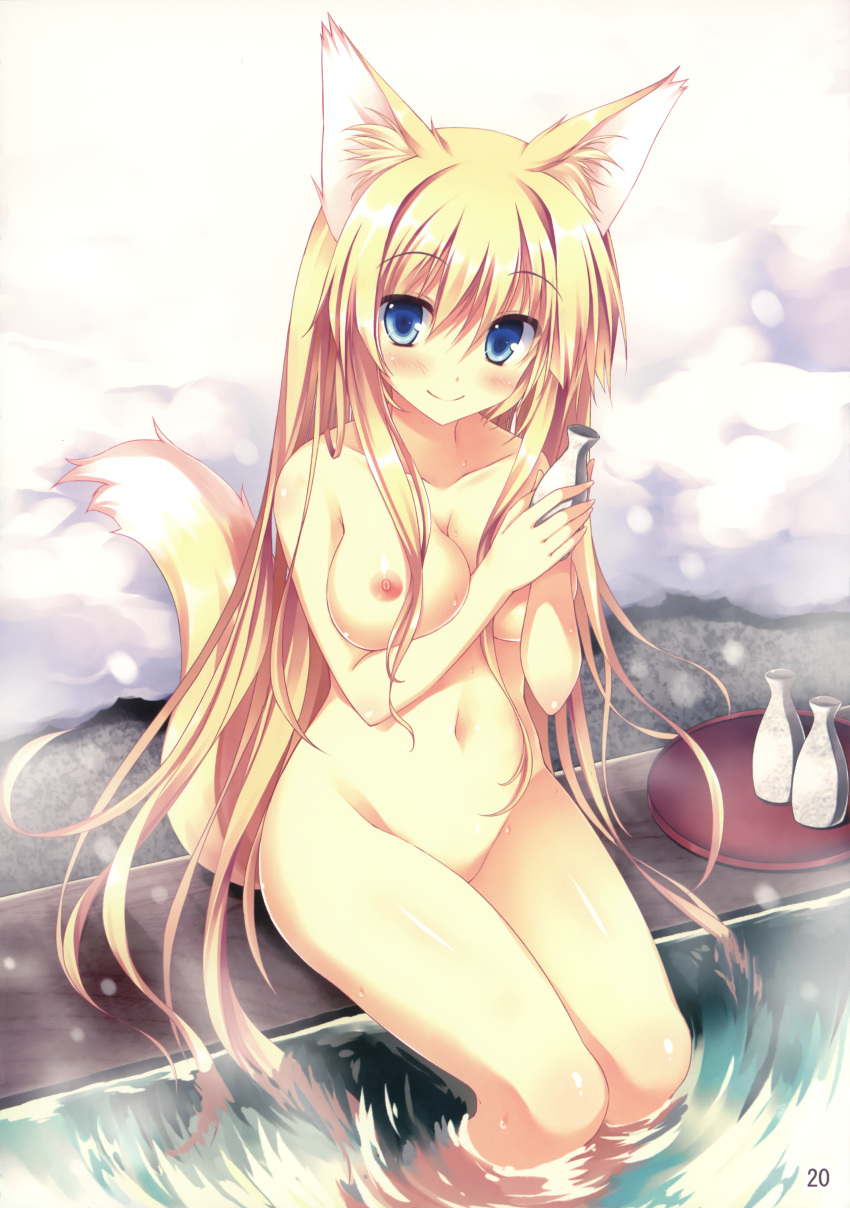 1girl absurdres alcohol animal_ears bare_shoulders bathing between_breasts big_breasts blonde_hair blue_eyes blush breasts feet_in_water fox_ears fox_tail groin hair highres kitsune large_breasts long_hair mound_of_venus navel nipples nude onsen original sake sitting smile snow soaking_feet solo tail tateha tateha_(artist) tateha_(marvelous_grace) tray water