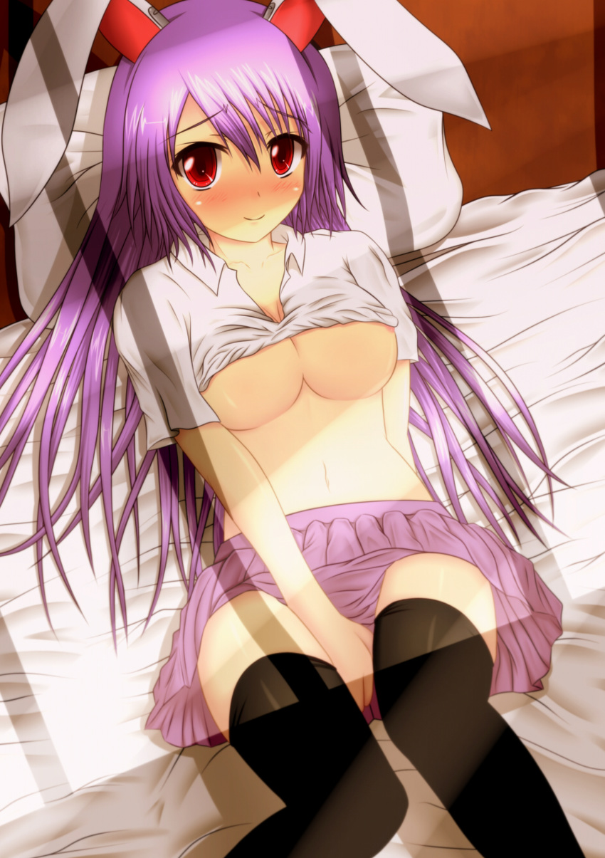 1girl absurd_res absurdres animal_ears areola areolae bad_id bed between_thighs big_breasts black_legwear black_thighhighs blush breasts bunny_ears female high_res highres large_breasts long_hair lying navel no_bra on_back pillow purple_hair red_eyes reisen_udongein_inaba shirt_lift skirt solo stockings thighhighs thighs toranashi touhou underboob