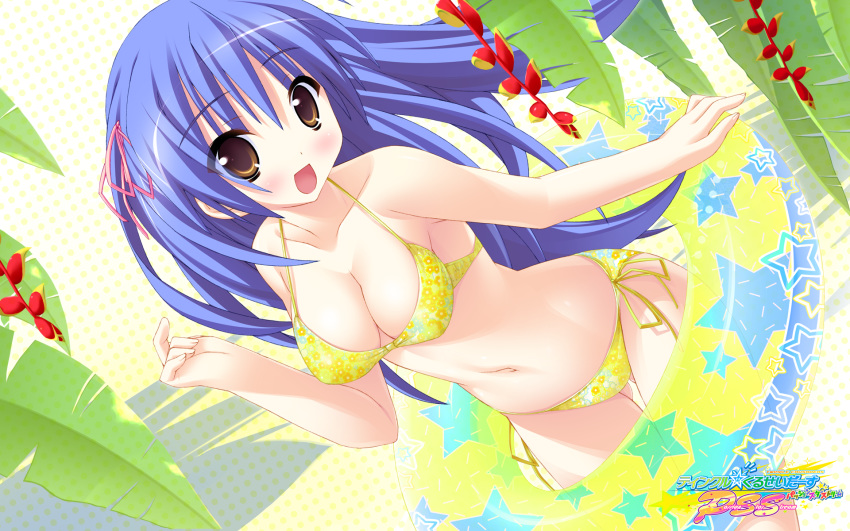 1920x1200 1girl 8:5 :d bare_shoulders bikini blue_hair blush brown_eyes dutch_angle hair_ribbon halterneck high_res highres innertube kannagi_rei kujou_ria long_hair looking_at_viewer navel open_mouth ribbon side-tie_bikini smile solo swimsuit twinkle_crusaders wallpaper yellow_bikini