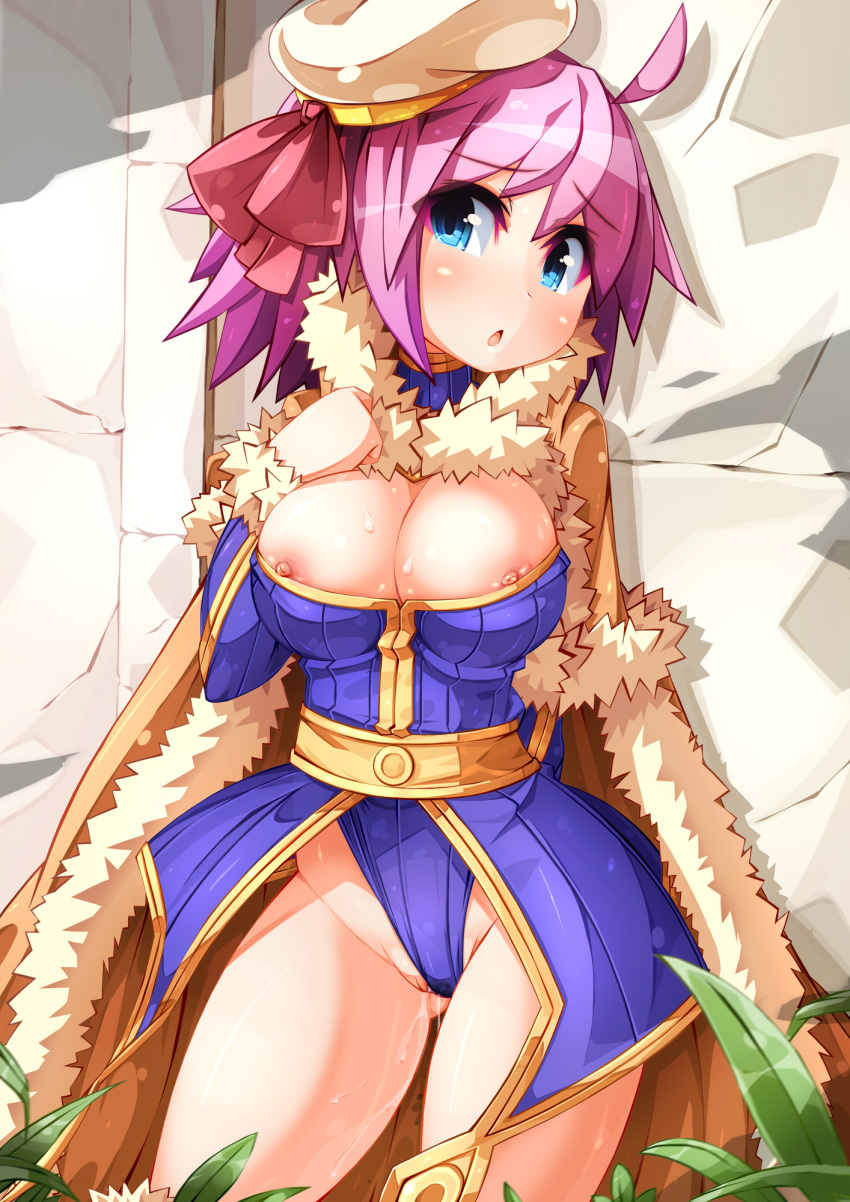 1girl areola areola_slip areolae bad_id big_breasts blue_eyes breasts cape cleavage clitoris_slip erect_nipples fur_trim hat high_res highres kinakomochi large_breasts leotard leotard_aside nipple_slip nipples ooyama_kina pink_hair pussy_juice pussy_peek ragnarok_online solo thighs wardrobe_malfunction wizard_(ragnarok_online)