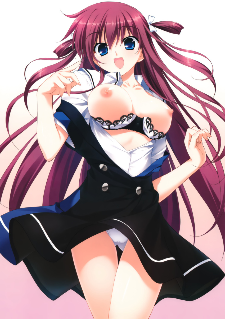 1girl :d absurd_res absurdres blue_eyes bra bra_pull breasts cupless_bra fumio fumio_(ura_fmo) grisaia_(series) grisaia_no_kajitsu high_res highres lingerie long_hair nipples open_clothes open_mouth open_shirt panties pantyshot purple_hair ribbon shirt smile solo source_request suou_amane underwear upskirt very_long_hair white_bra white_panties