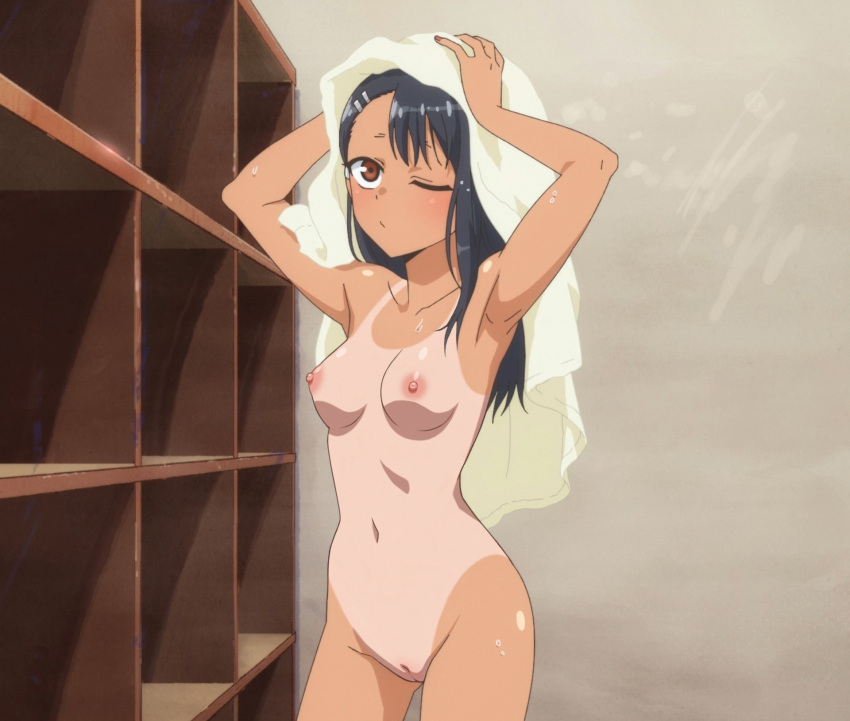 1girl anime armpits arms_up bare_breasts bathroom black_hair blush breasts brown_eyes dark-skinned_female dark_skin drying_hair edit erect_nipples female_only groin hair_ornament hairclip high_resolution ijiranaide_nagatoro-san innie legs long_hair nagatoro_hayase nipples nude nude_female nude_filter official_style one-piece_tan one_eye_closed paipan pussy screen_capture screencap slender_waist small_breasts standing stitched tan_line tanned thighs third-party_edit towel uncensored uncensored_nipples uncensored_vagina wet