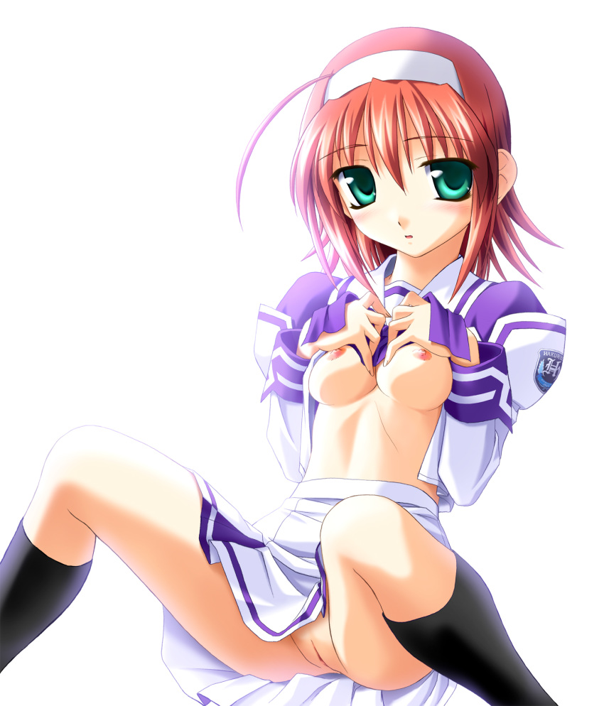 1girl ahoge akane_suzumiya blush breasts footwear green_eyes headband high_res highres kimi_ga_nozomu_eien midriff nipples no_panties norizou_type-r pussy red_hair school_uniform shirt_lift socks solo suzumiya_akane upskirt