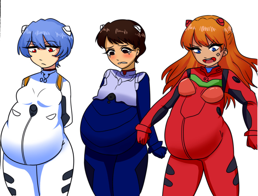 3_girls asuka_langley_souryuu black_hair blue_eyes blue_hair brown_hair genderswap honeyblade98 neon_genesis_evangelion plugsuit pregnant pregnant_belly pregnant_female purple_eyes rei_ayanami shinji_ikari